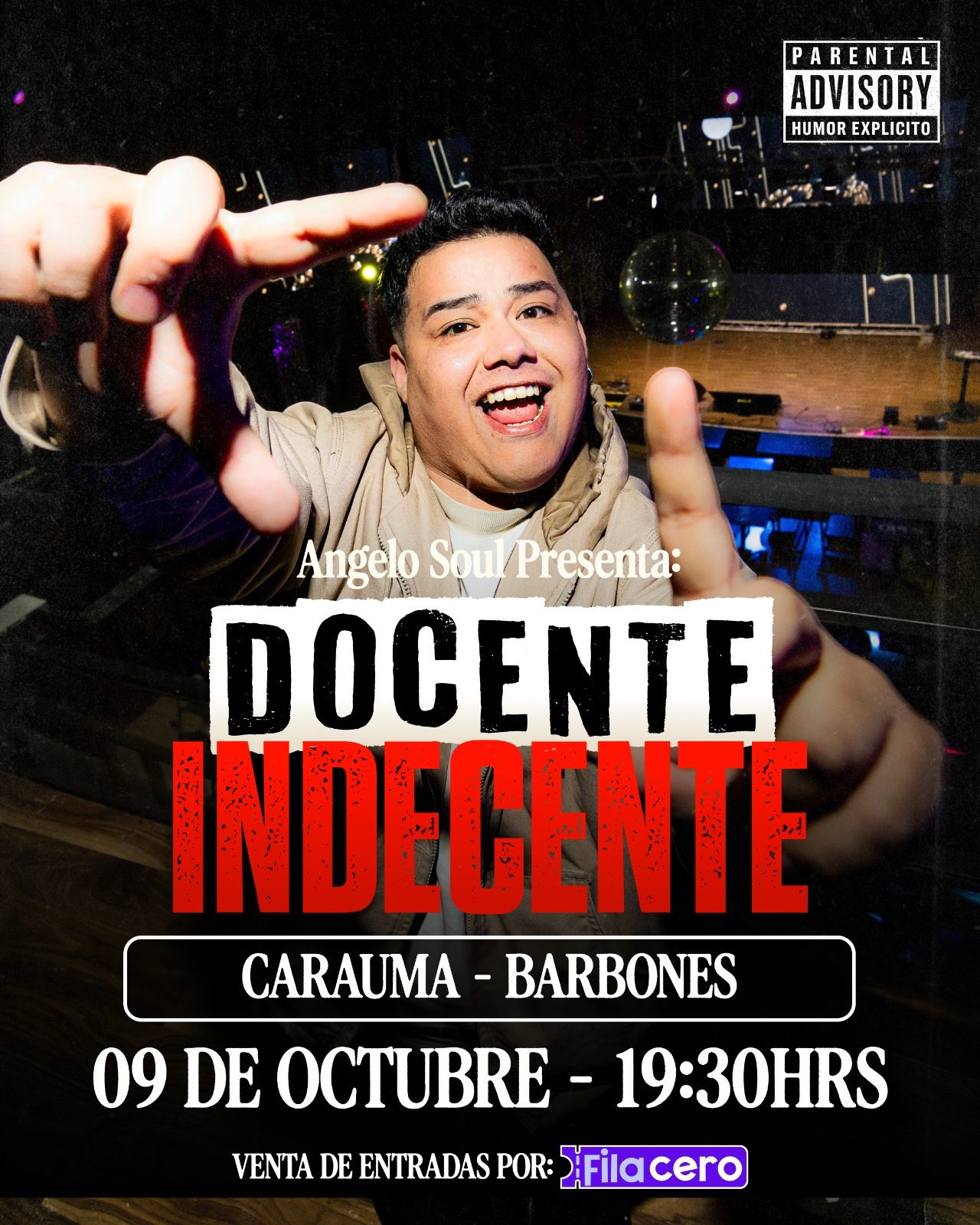 Afiche de Docente Indecente - Angelo Soul en Curauma
