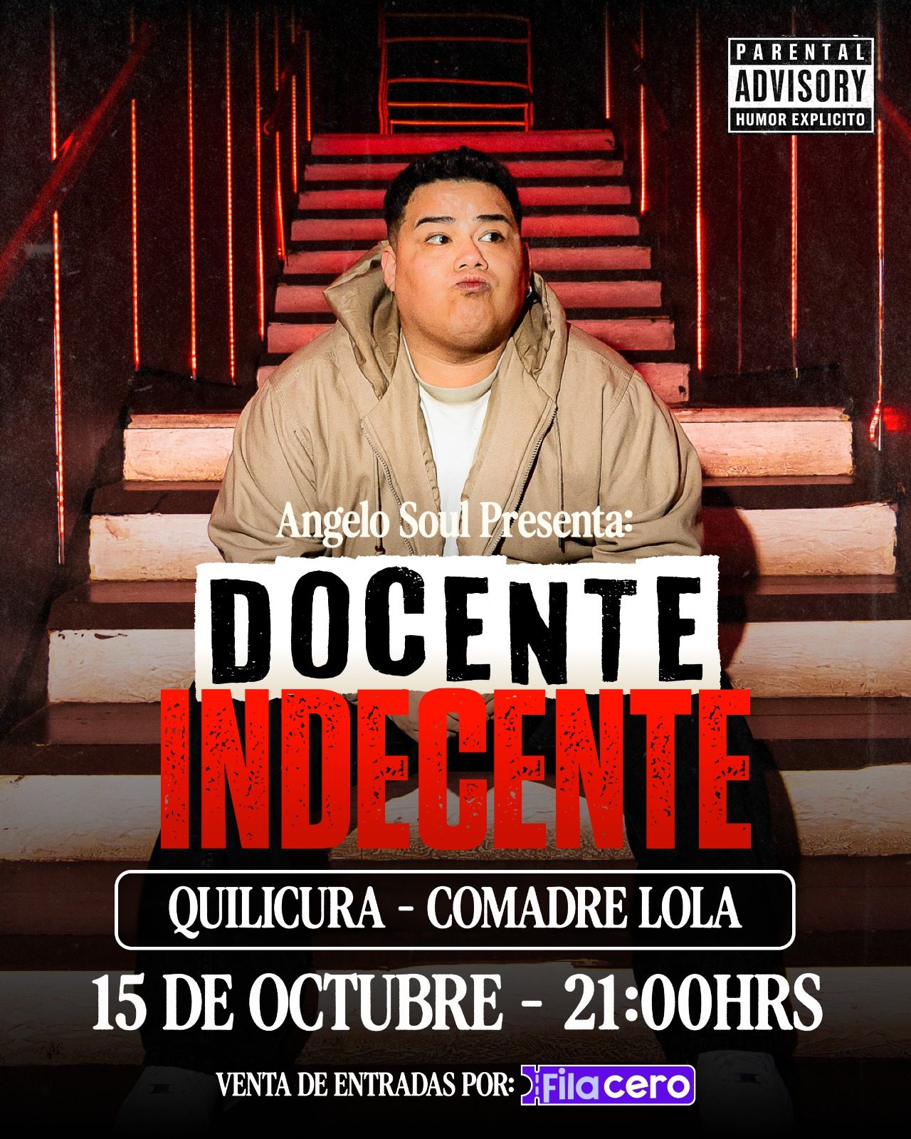 Afiche de Docente Indecente - Angelo Soul en Comadre lola